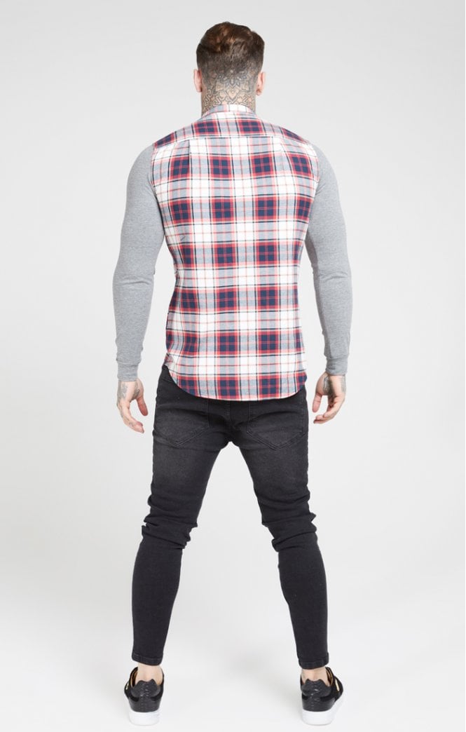 SikSilk - Flannel Check Grandad Shirt - Grey & Red