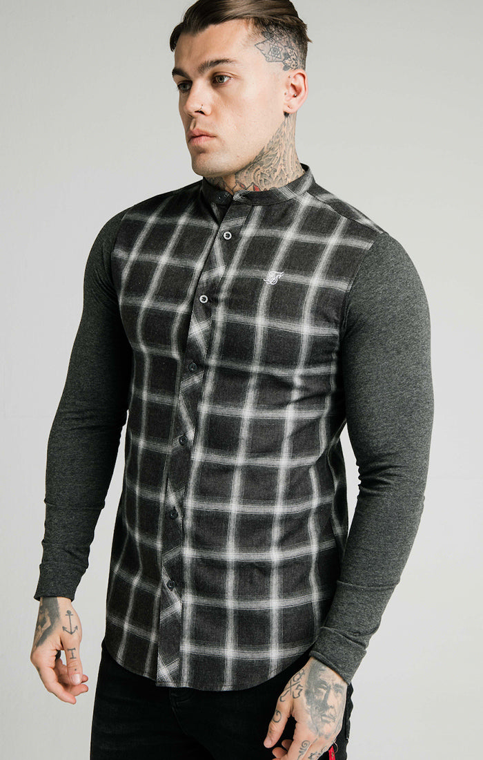 SikSilk - Flannel Check Grandad Shirt - Charcoal