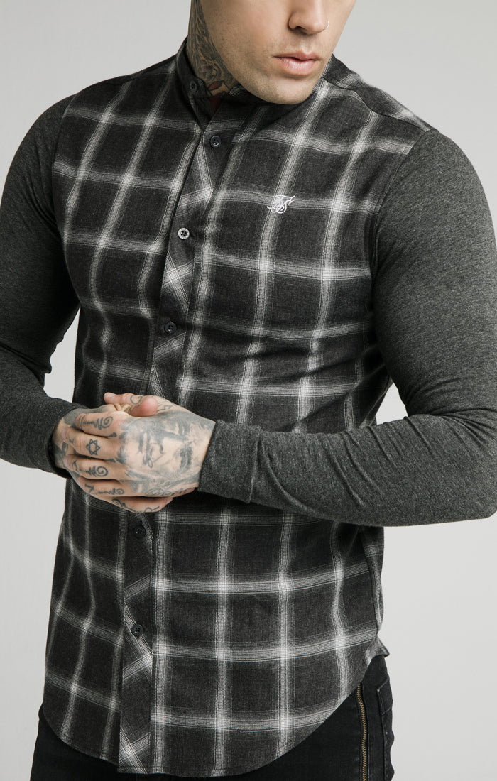 SikSilk - Flannel Check Grandad Shirt - Charcoal