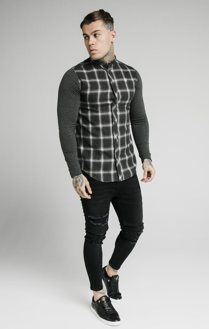 SikSilk - Flannel Check Grandad Shirt - Charcoal