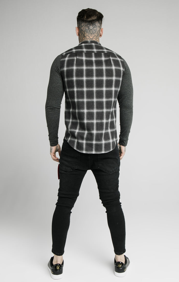 SikSilk - Flannel Check Grandad Shirt - Charcoal