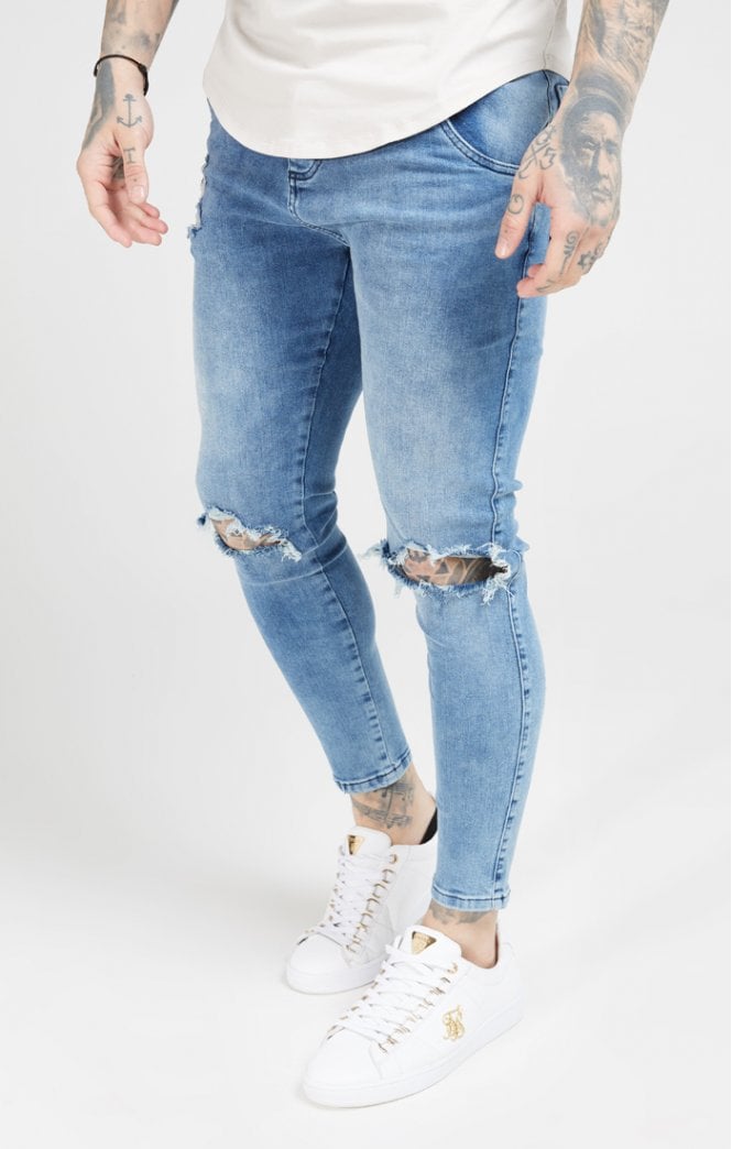 SikSilk - Skinny Distressed Slice Knee Denims - Midstone Blue