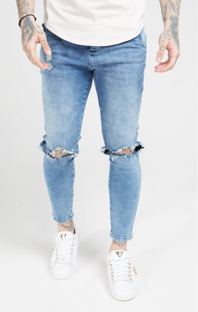SikSilk - Skinny Distressed Slice Knee Denims - Midstone Blue