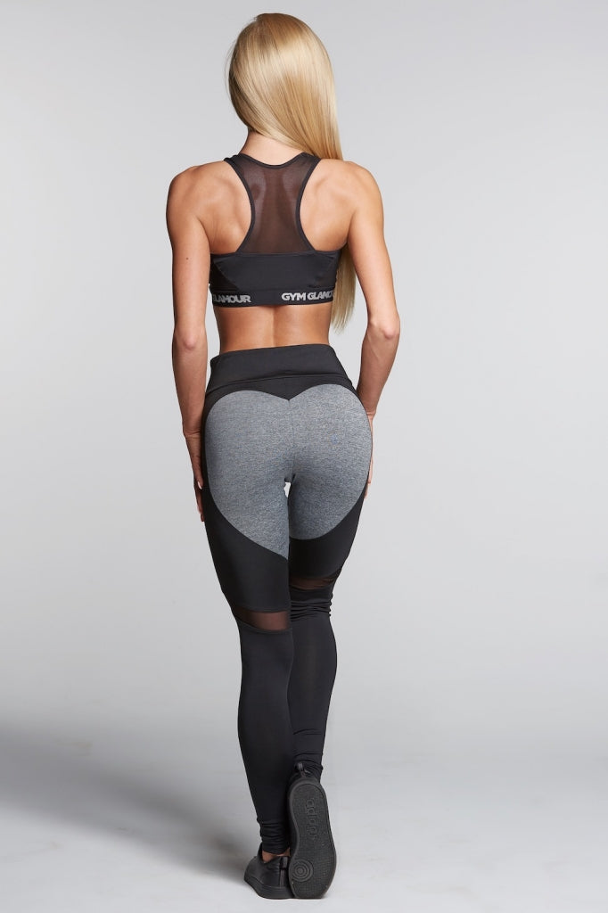 Gym Glamour - Leggings – Black & Grey Heart - Rückseite Gesamt