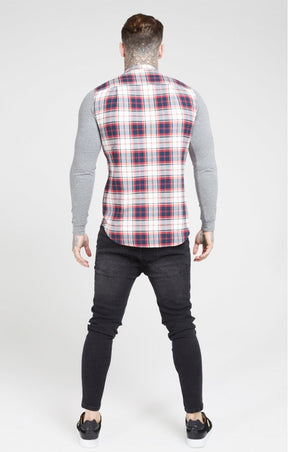 SikSilk - Flannel Check Grandad Shirt - Grey & Red