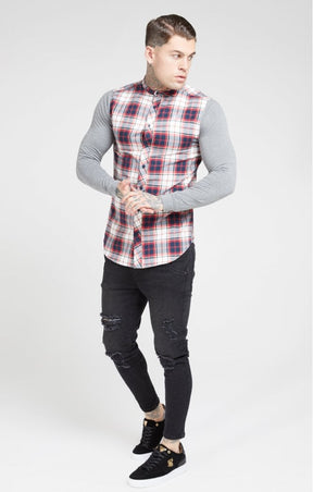 SikSilk - Flannel Check Grandad Shirt - Grey & Red