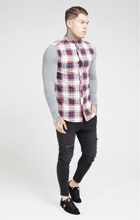 SikSilk - Flannel Check Grandad Shirt - Grey & Red
