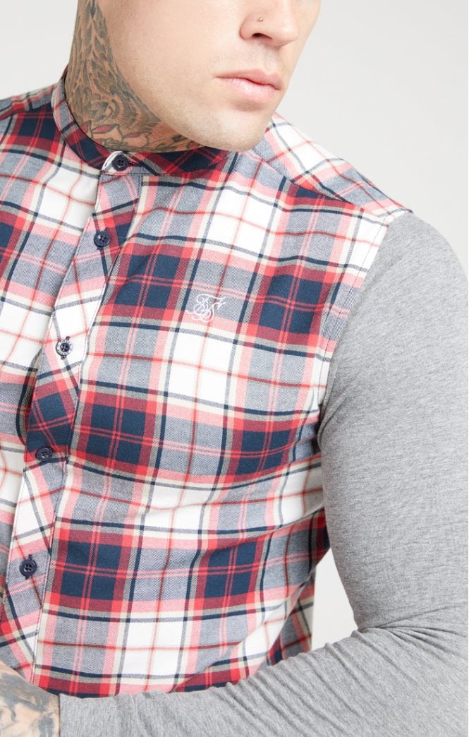 SikSilk - Flannel Check Grandad Shirt - Grey & Red