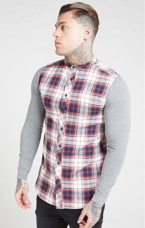 SikSilk - Flannel Check Grandad Shirt - Grey & Red