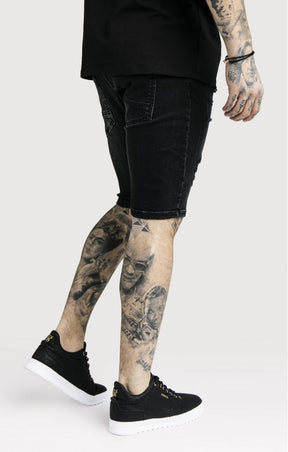SikSilk - Distressed Skinny Shorts – Washed Black