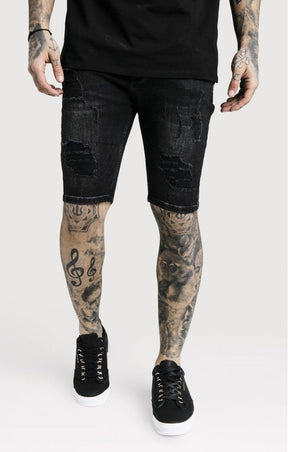 SikSilk - Distressed Skinny Shorts – Washed Black