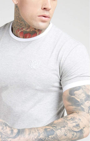 SikSilk - Inset Straight Hem Ringer Gym Tee – Grey Marl & White