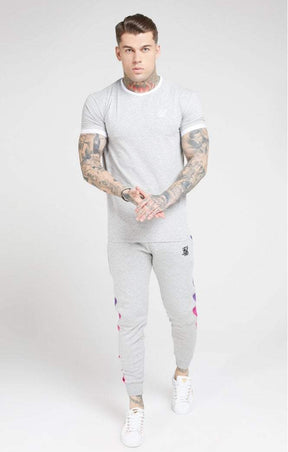 SikSilk - Inset Straight Hem Ringer Gym Tee – Grey Marl & White