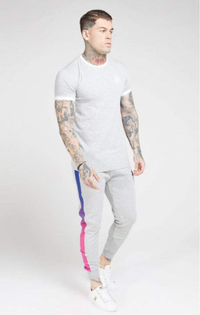 SikSilk - Inset Straight Hem Ringer Gym Tee – Grey Marl & White